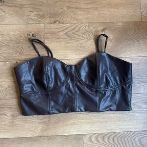 Faux Leather Bustier Crop Top - Brown
